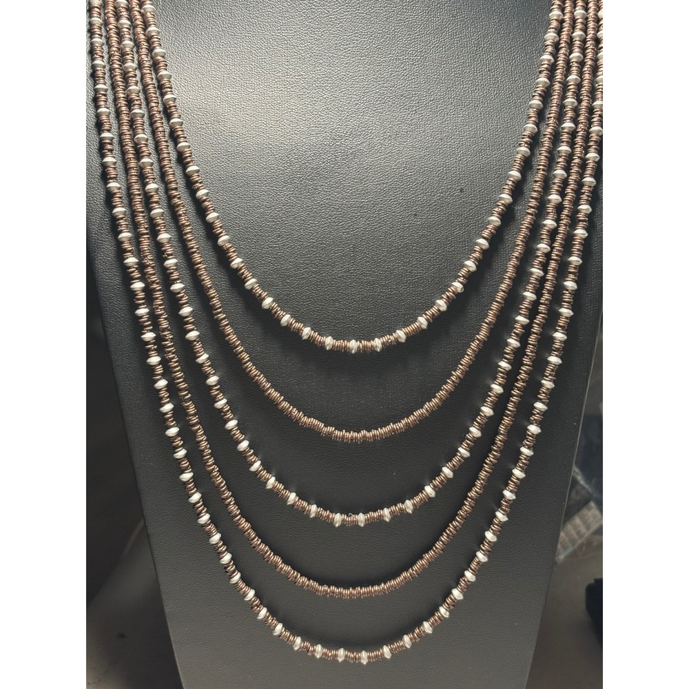Boho Multi Strand Copper Ring Disc Bead Necklace Silver Bicone Accents 25"